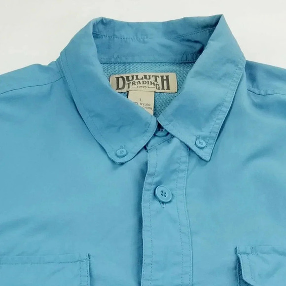 Duluth Large Mens Blue Long Sleeve Elbow Button Duel Back Vent Button Down Shirt - Picture 6 of 7